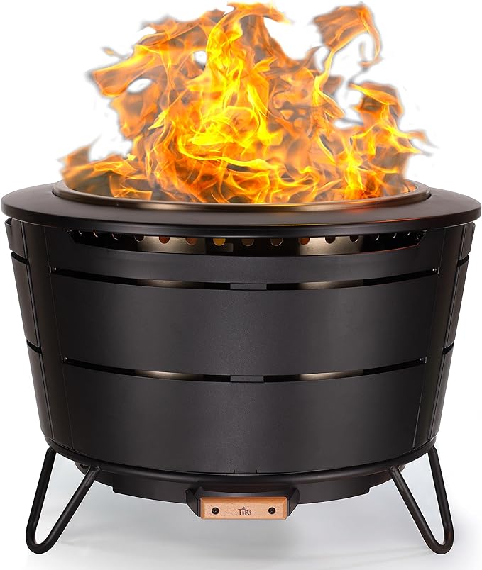 TIKI 27.5-Inch Smokeless Reunion Fire Pit Large Outdoor Fire Pit for Gatherings Wood Burning with Removable Ash Pan &amp Weather-Resistant Cover Modern Black Design – Perfect for Patio &amp Backy