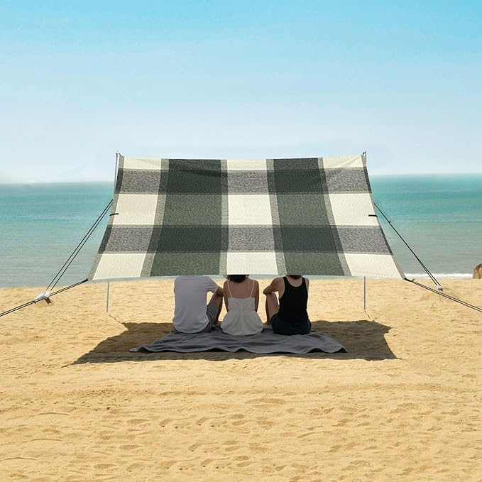 Springgreen Buffalo Plaid Check Tartan Scotland Foldable Beach Cabana UPF50 Lightweight Sun Shelter with Sandbags and Shovel for Family Trips Picnics &amp Camping