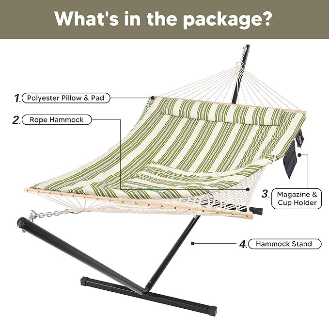 SUNCREAT Cotton Rope Hammock for Two People with Hardwood Spreader Bars Quilted Fabric Pad &amp Detachable Pillow Extra Large Hammock with 12 FT Steel Stand Ipad Bag &amp Cup Holder Green&ampBe