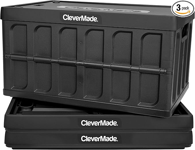 CleverMade Collapsible Storage Bins with Lids (62L 3 Pack) – Heavy Duty Foldable Plastic Storage Crates for Garage Closet &amp Trunk Organization - Obsidian