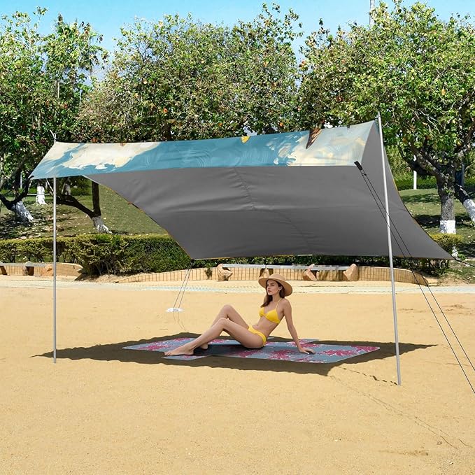 ALAZA Cute Yak Calf Sunflower Butterfly Beach Tent Sun Shelter UPF50+ Protection Beach Shade Canopy w/ 4 Sandbags for Outdoor Camping Fishing Backyard Fun Picnic 10x9 ft