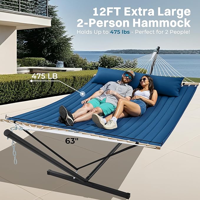 SUPERJARE Hammock with Stand 2 Person Quilted Outdoor Hammock Detachable Pillow &amp Bamboo Spreaders Portable Hammock with Carrying Bag Heavy Duty Stand Perfect for Outside Patio Navy Blue