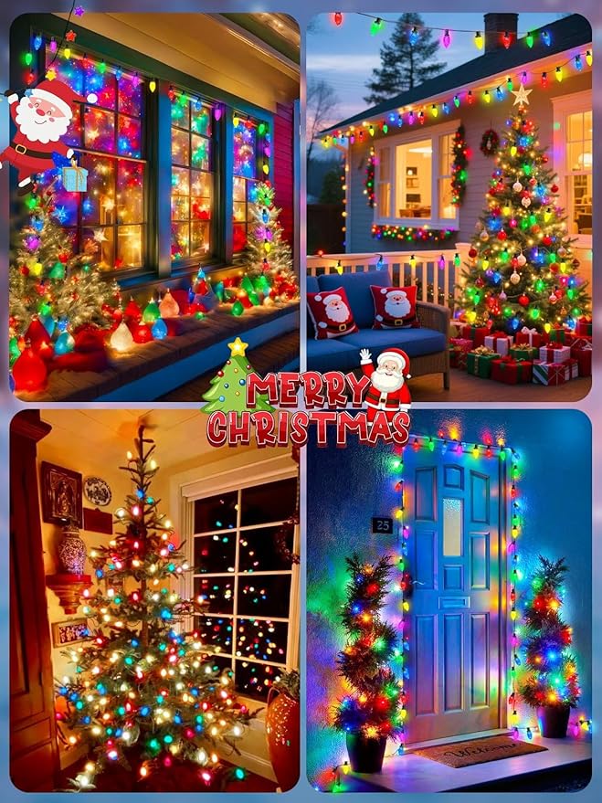 2-Pack 66FT 100LED Extendable C9 Christmas Lights Outdoor/Indoor Waterproof Christmas String Lights Plug in Green Wire Fairy Lights for Xmas Tree Garden Patio Wedding Party Decoration (Multicolor)
