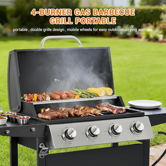 EUHOME 4-Burner Gas Grill with Side Burner &amp Cover 51000 BTU Stainless Steel Outdoor BBQ Grill 452 sq.in Cooking Area Ideal for Backyard Patio Large Gatherings