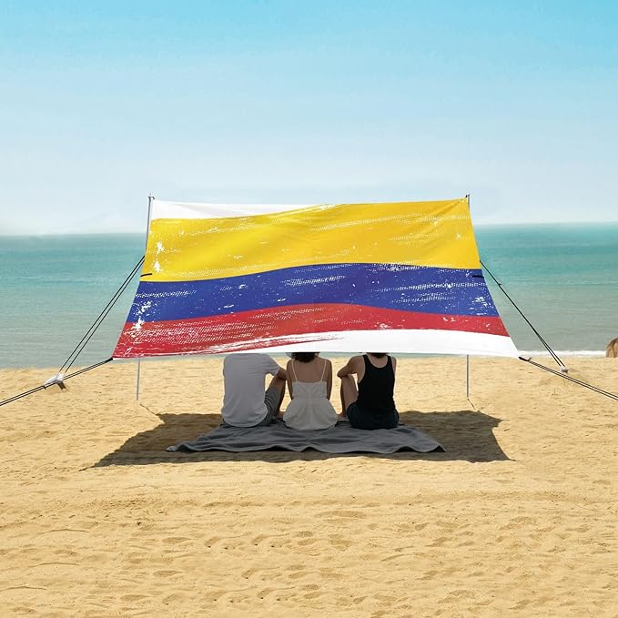 Flag of Colombia Stable Beach Tent UPF50+ Easy Setup Shade Sun Shelter with Sandbags Sand Shovel Poles for Camping Picnics Backyard