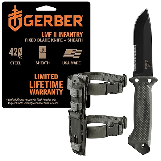 Gerber Gear LMF II Infantry Survival Knife Made in USA Military Grade Tactical Fixed Blade with Serrated Edge Shock Absorbing Handle Molle Sheath and Sharpener Green