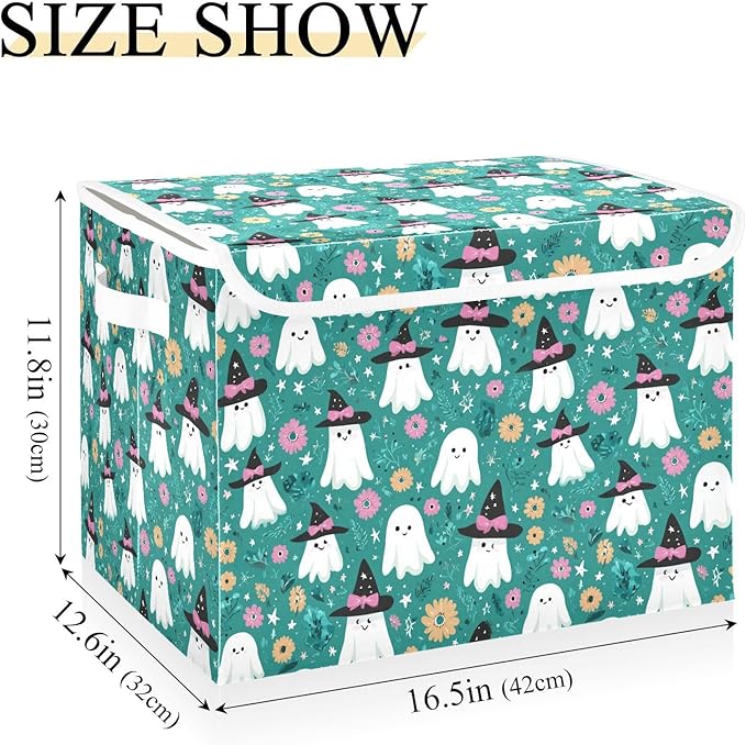 Halloween Ghosties Stars Flowers Teal Storage Box with Lid 1 PC Foldable Storage Bin with Lids Stackable Storage Bins Cube Closet Organizer Basket with Flip-Top Lid &amp Handles for Shoes Books Towel