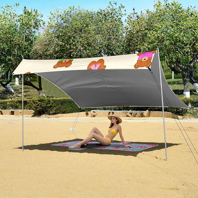 xigua Teddy Bear Beach Tent Sun Shelter with Carrying Bag - Silver Coated Oxford Fabric Beach Canopy for Beach Camping Fishing - Includes Windproof Ropes Sandbags &amp Stakes