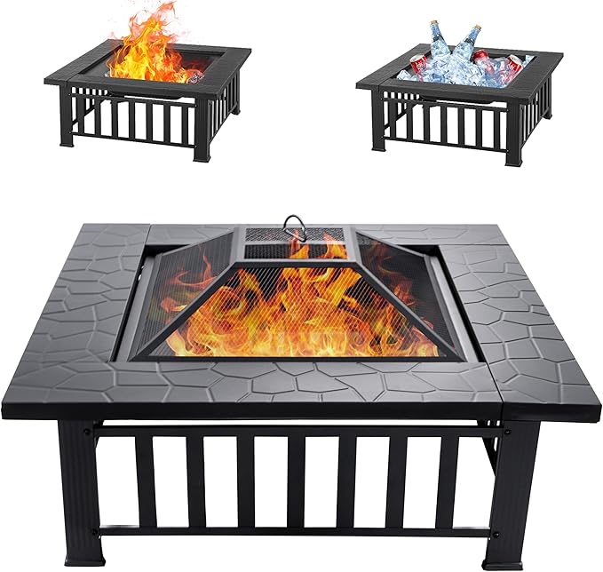 EcoNook 36 inch Fire Pit Square Outdoor Fire Pit Table with Spark Screen &amp Fire Poker 3-in-1 Multipurpose Firepits for Outside Fireplace for Yard Garden Patio