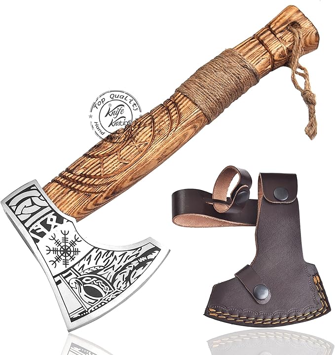 Hand-Forged Viking Axe Nordic Engraved Blade with Wooden Handle Unique Gift for Men Collectors Great Gift for Birthdays Holidays or Weddings (AXE-05)