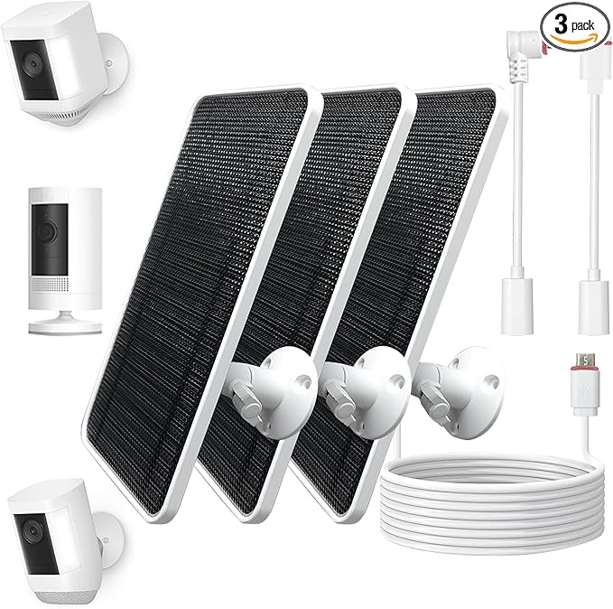 AYF Solar Panel Compatible with Ring Spotlight Cam Stick Up Cam &amp Outdoor Cam Battery Weatherproof Charger with 13FT Cable Secure Mount 6 Cables (Micro USB to Type-C &amp Micro USB to DC) 3
