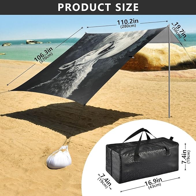 ALAZA Wolf Howling Moon Beach Tent Sun Shelter UPF50+ Protection Beach Shade Canopy w/ 4 Sandbags for Outdoor Camping Fishing Backyard Fun Picnic 10x9 ft