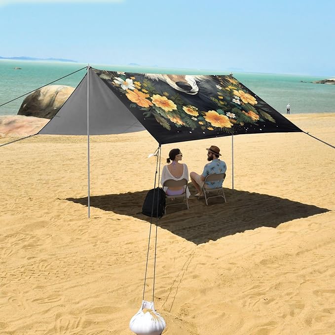 ALAZA Wolf Wreath of Yellow Flowers Beach Tent Sun Shelter Portable Canopy Sunshade for Outdoor Camping Picnics Backyard Fun 10x9 ft