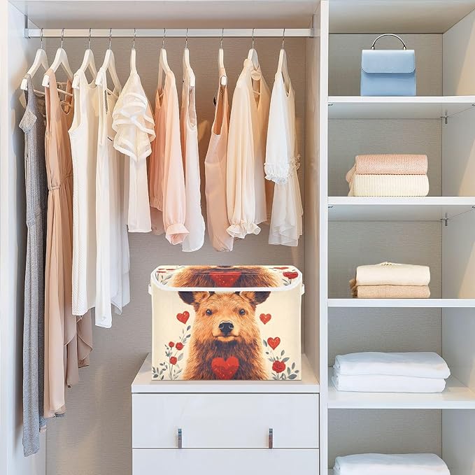 AIXIWAWA Lidded Storage Cube (Cute Deer Heart) Fabric Foldable Closet Bins with Flip Lid and Handles Organizer Basket Container 16.5 x 12.6 x 11.8 IN