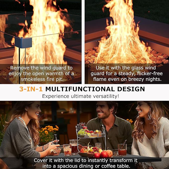 28'' Propane Fire Pit Table 50000 BTU Steel Gas Firepit for Outdoor Patio Deck and Garden CSA Certified Fire Pit with Lid Waterproof Cover Glass Wind Guard and Lava Rock Black