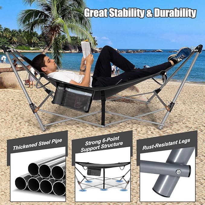 Portable Folding Hammock w/Side Pocket Lounge Camping Bed w/Metal Stand &amp Anti-tip Buckles Outdoor Camping Hammock with Carrying Bag for Patio Garden Yard Easy Assembly (Black)