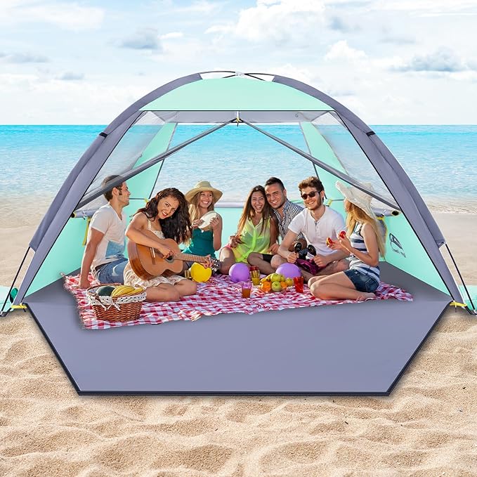 Happy Travel Beach Tent UPF 50+ UV Protection Sun Shade Shelter for 3/4/5/6/7/8 Person Portable Beach Canopy for Family &amp Baby Lightweight &amp Easy Setup Beach Cabana with 3 Ventilation Mesh