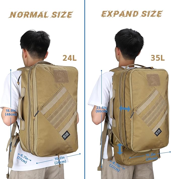 MGFLASHFORCE Tactical Travel Backpack for Men Molle Work Daypack Carry On Bag 15.6 Laptop Compartment Expandable 24L to 35L (Coyote Brown)