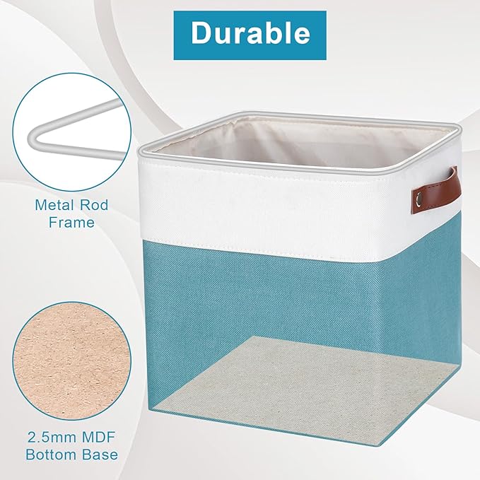 Collapsible Fabric Storage Cubes 11x11 Cube Storage Bins 4 Pack Closet Baskets Box with Handles for Organizing Shelf Toys Clothes Home Office Nursery (Teal&ampWhite)