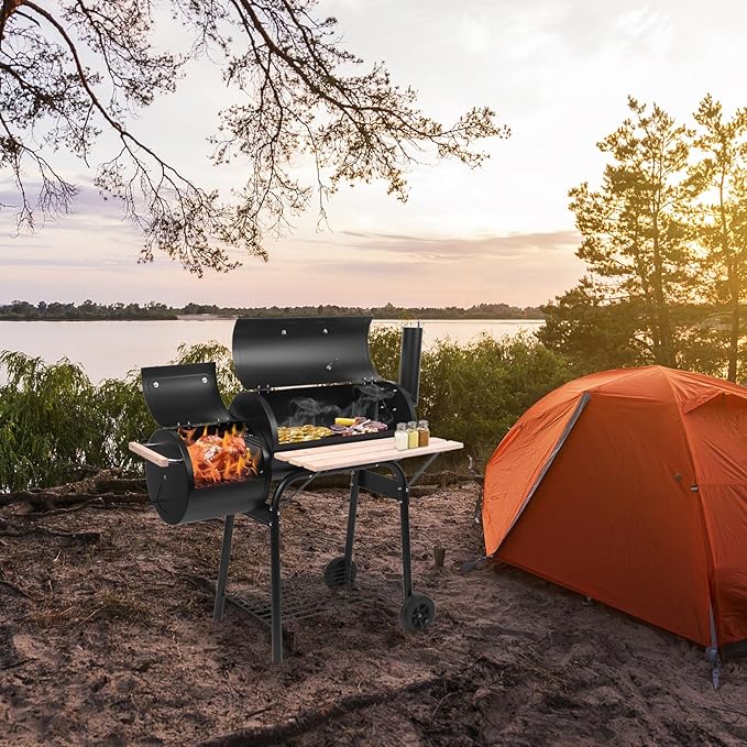 BBQ Charcoal GrillOutdoor Patio Barbecue Cooker with Offset SmokerTray &amp WheelsBarrel BBQ Grill for Outdoor Balcony PicnicsParty and Camping