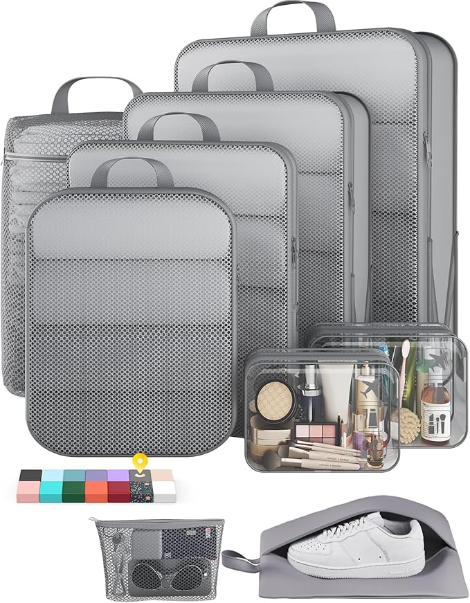 Veken 9/11 Set Compression Packing Cubes for Travel EssentialsCompressible Expandable Large Luggage Suitcase Organizer Bags for ClothingDurable Space Saver Storage Bags with Toiletry Bags(Gray)
