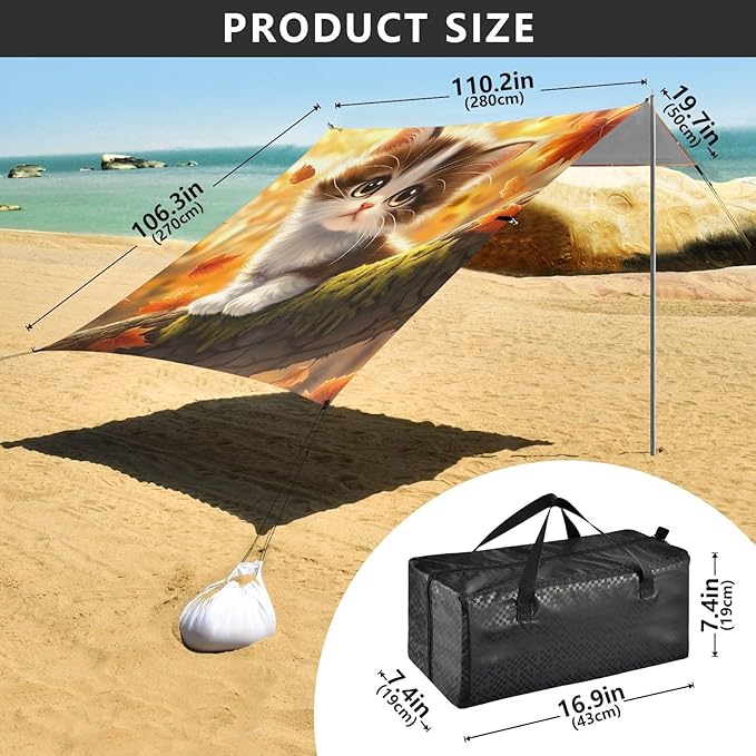 ALAZA Little Cat Maple Leaf Beach Tent Sun Shelter Portable Canopy Sunshade for Outdoor Camping Picnics Backyard Fun 10x9 ft