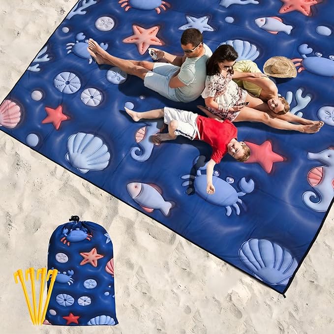 WIWIGO Beach Blanket Waterproof Sandproof Beach Mat 79 X 83/10'x9'for 2-8 Adults Quick Drying Outdoor Picnic Mat Beach Accessories for Travel Camping Hiking