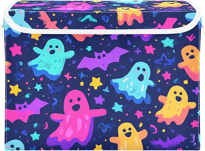 Neon Halloween Ghosts Stars Bats Storage Box with Lid 1 PC Foldable Storage Bin with Lids Stackable Storage Bins Cube Closet Organizer Basket with Flip-Top Lid &amp Handles for Shoes Books Towels
