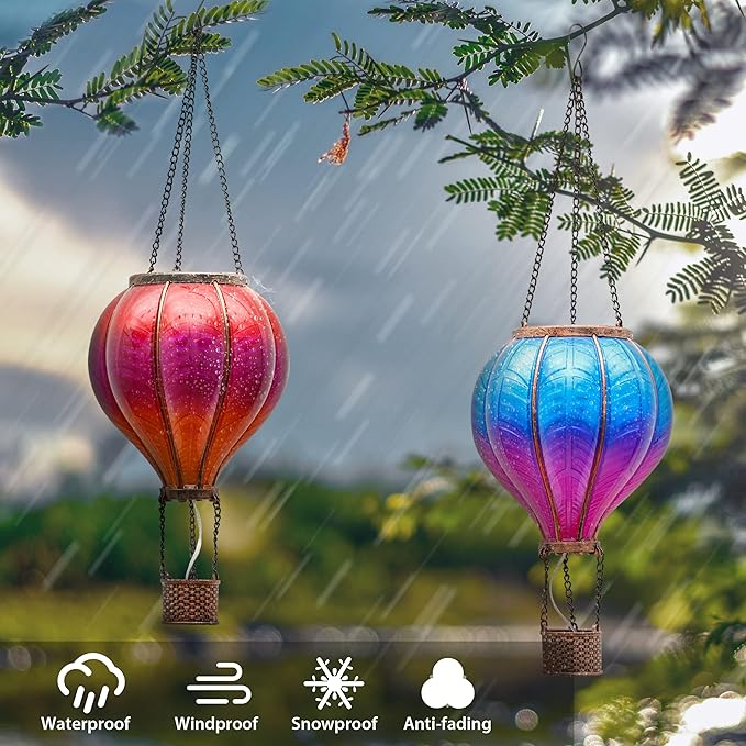 TERESA'S COLLECTIONS 2 Pcs Hot Air Balloon Solar Lantern Outdoor Garden Decor Waterproof Hanging Solar Lantern with Flickering Flame Light for Yard TreeGift for Mom Lovers18