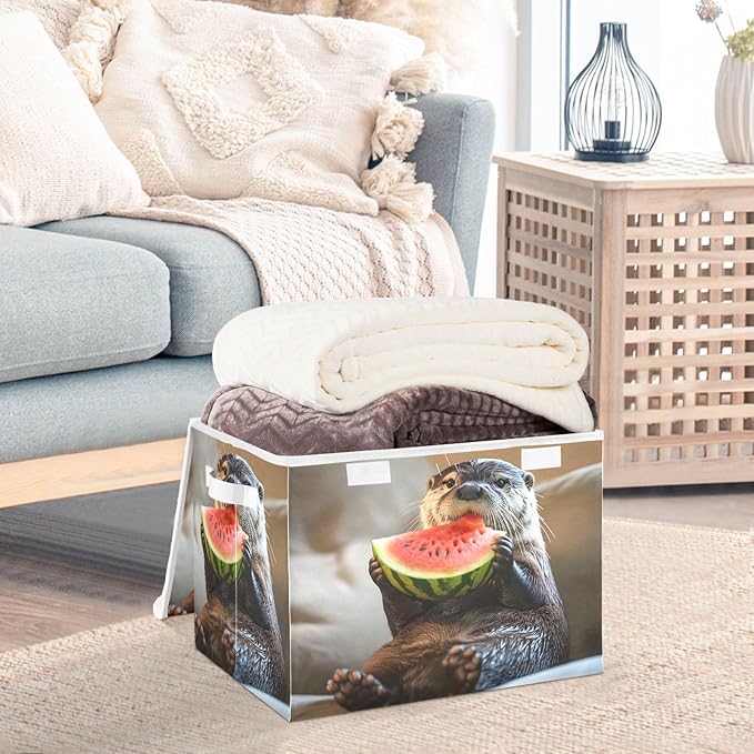 AIXIWAWA Lidded Storage Cube (Otter Watermelon) Fabric Foldable Closet Bins with Flip Lid and Handles Organizer Basket Container 16.5 x 12.6 x 11.8 IN