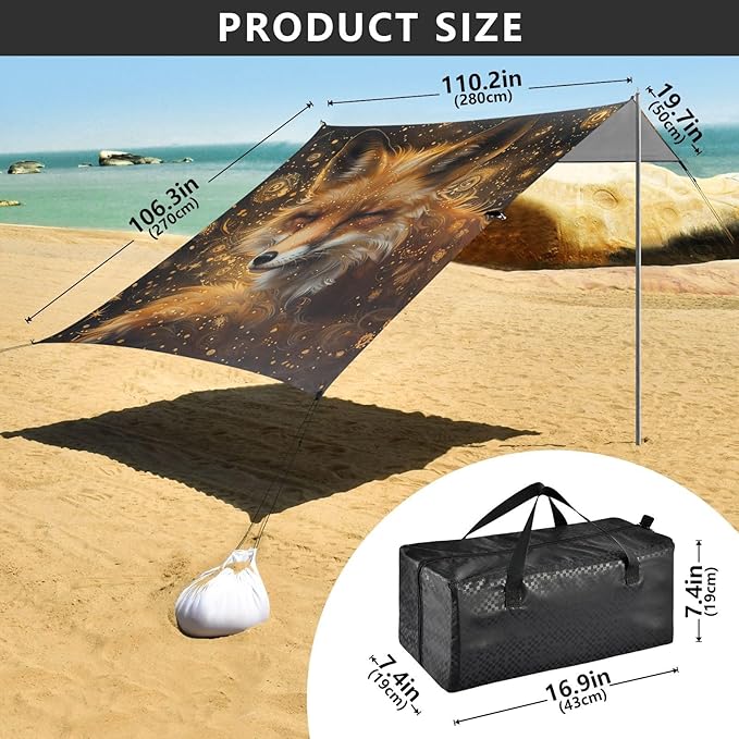 ALAZA Fox Painting Beach Tent Sun Shelter Portable Canopy Sunshade for Outdoor Camping Picnics Backyard Fun 10x9 ft