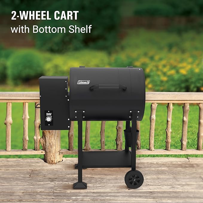 Coleman Cookout 700 Pellet Grill with 690-Sq. In. Total Cooking Surface 2-Wheel Cart and Shelf Storage in Black Durable Pellet Smoker Grill for Grilling Roasting Baking Roasting and Smoking