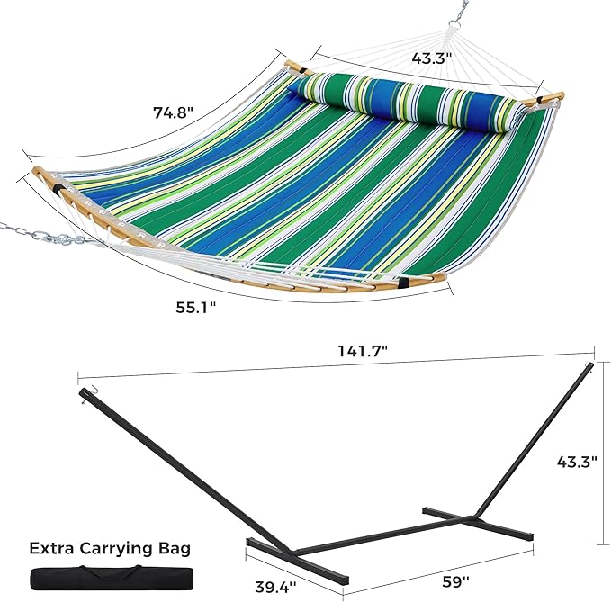 SUPERJARE Curved-Bar Hammock with Stand 2 Person Heavy Duty Hammock Frame Detachable Pillow &amp Portable Carrying Bag Perfect for Outdoor &amp Indoor Green Bold Stripe