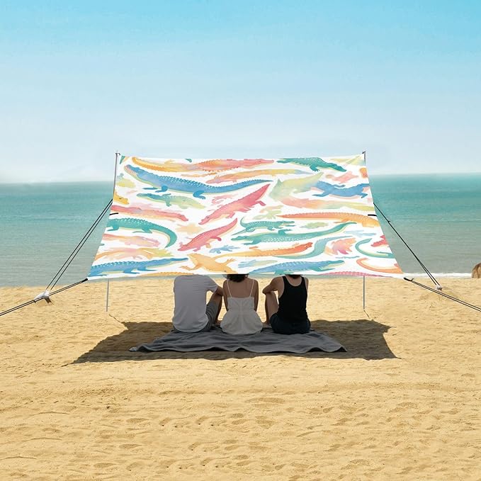 Watercolor Crocodiles Beach Tent UPF50+ Lightweight Sun Shelter with Sand Pockets for Camping Trips Fishing Backyard Fun or Picnics
