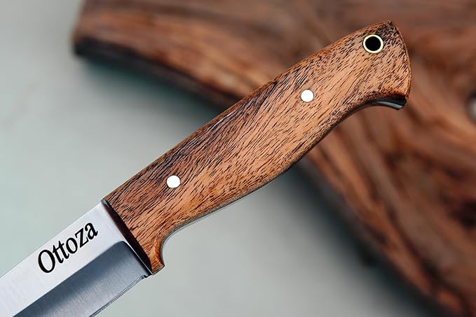 Ottoza Full Tang Bushcraft Knife with 1095 Carbon Steel Fixed Blade - Survival and Outdoor Camping Knife - Musket Wood Handle Brown Leather Sheath 402