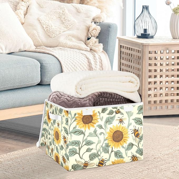 Collapsible Storage Bins with Lids Decorative Fabric Storage Cubes Closet Organizer and Storage Basket Boxes Containers for Clothes Box Chest Nursery Folding Rectangle Beige Bees Sunflower