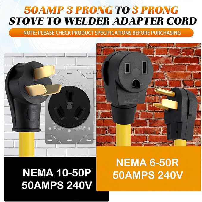 Kanayu 10-50P to 6-50R 50amp Welder Adapter Cord Compatible with NEMA 3 Prong Range Stove Oven to Welder Plasma Cutter Adapter with Ergonomic Handle Heavy Duty STW 8 AWG*3C 1ft ETL Listed