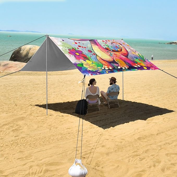 Funny Dinosaur Beach Canopy UPF50+ Protection Water-Resistant Shade Sun Shelter Includes Sand Shovel Sandbags Stability Poles for Camping Picnics Backyard