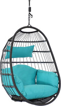 Sunnydaze Penelope Black Steel and Polyethylene Wicker Hanging Egg Chair with Turquoise Polyester Cushions - 45-Inch Tall