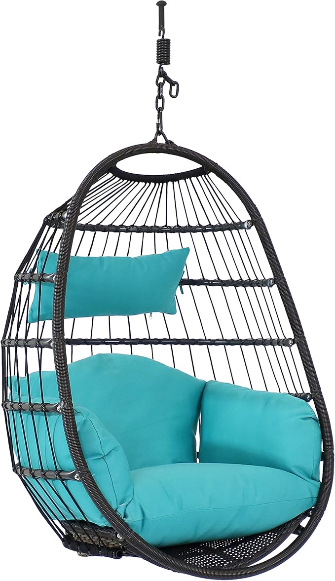 Sunnydaze Penelope Black Steel and Polyethylene Wicker Hanging Egg Chair with Turquoise Polyester Cushions - 45-Inch Tall