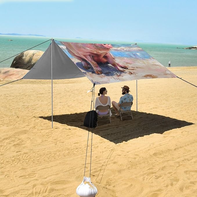 ALAZA Oil Painting Funny Pig on The Beach Beach Tent Sun Shelter Portable Canopy Sunshade for Outdoor Camping Picnics Backyard Fun 10x9 ft