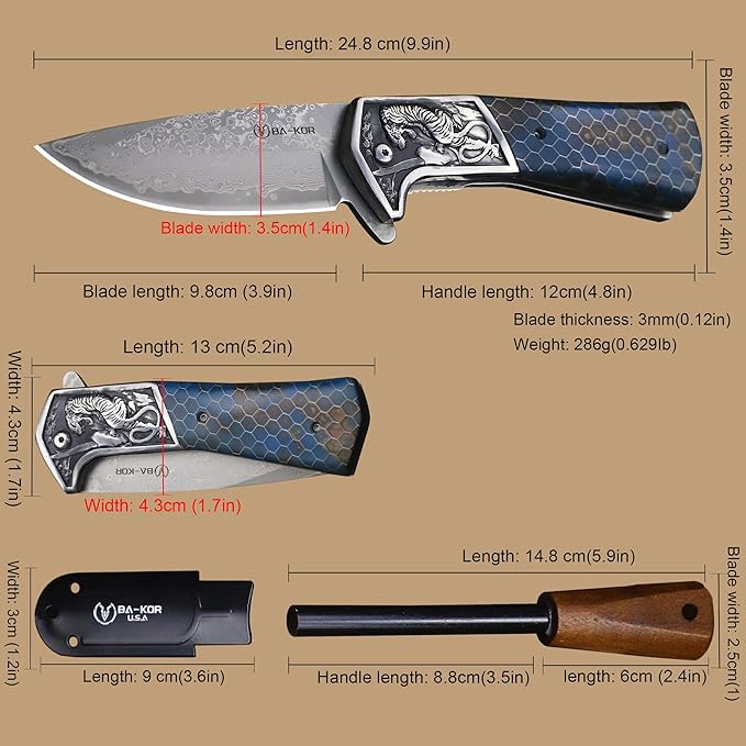 BA-KOR B21A Devil Tiger (XL) 248mm Damascus pocket knife featuring stainless steel and resin aluminum honeycomb-pattern handle &amp(5.9IN) cerium igniter suitable for both men and women as a campin