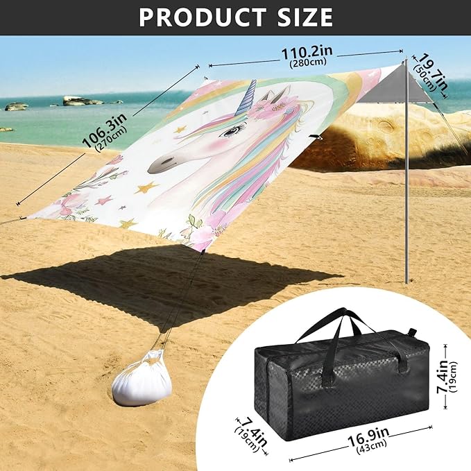 Rainbow Unicorns Flowers Beach Cabana Tent UPF50+ Protection Water-Resistant Sun Shelter with Sand Shovel for Backyard and Camping