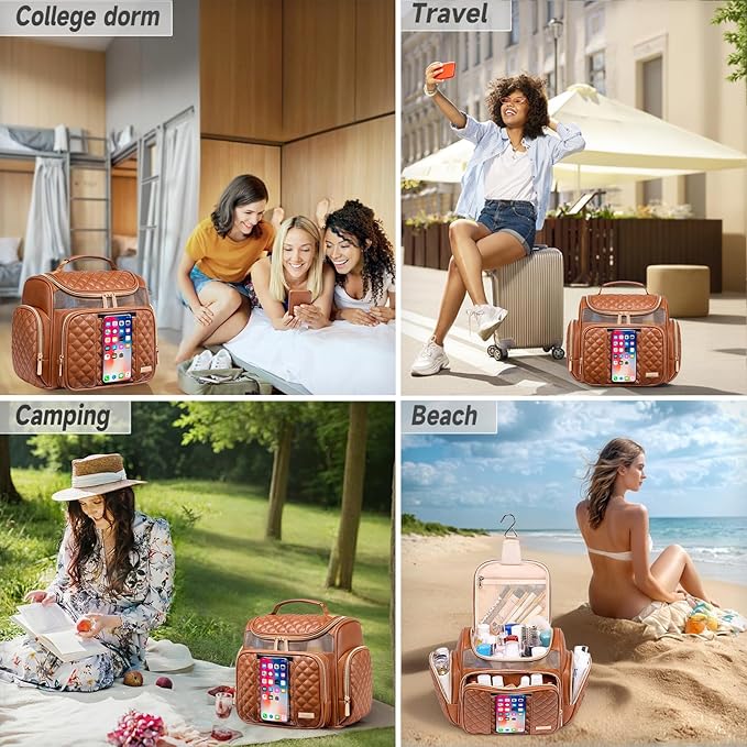 Large Leather Toiletry Bag for Women MenBathroom BagWater Resistant Shower BagMakeup BagPortable Shower Caddy for College DormHanging Travel Toiletry Bag with Transparent Waterproof Phone Pocket