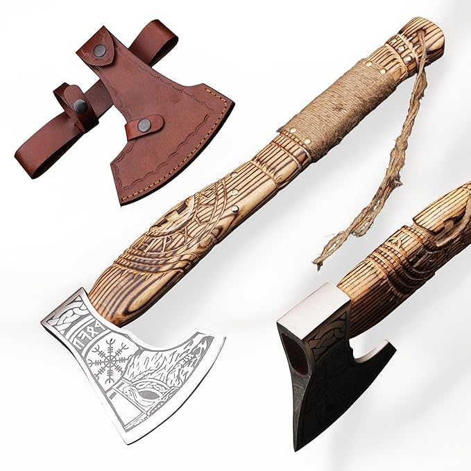 20 Handmade Carbon Steel Viking Axe with Hand Craved Ash Wood Shaft Viking Camping Axe &amp Hatchet. Beautiful Gift for Father Brother and for Him or Her (Medieval Axe)