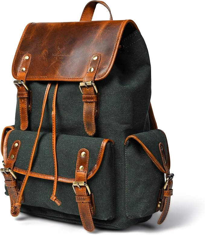Leather Canvas Backpack Durable Vintage Large Travel Laptop Bag for Men &amp Women Work Hiking School (Oily Green)