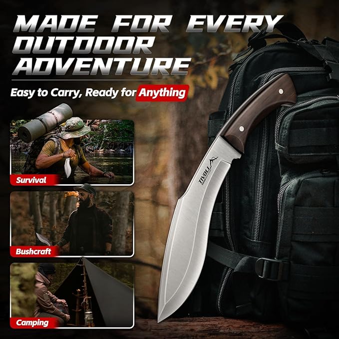 TIVOLI Kukri Fixed Blade Knife - Full Tang Survival Knife with Sheath Heavy-Duty Hunting Knives for Camping Bushcraft Gardening &amp Outdoor Adventures – Great Christmas Gift for Men and Women
