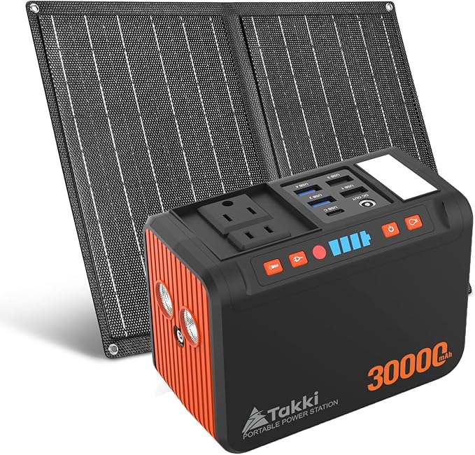 Takki 111Wh Portable Solar Generator Power Station with 21W Foldable Solar Panel 120W Peak Solar Charger Power Bank with 110V AC DC USB Ports for Camping Emergency Outdoor Home Use