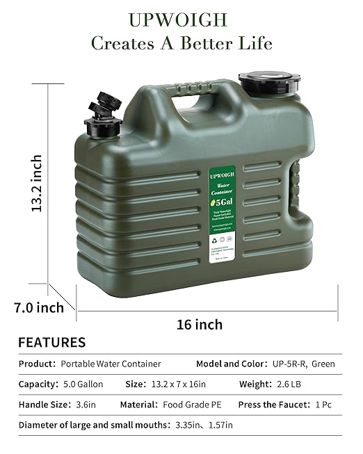 UPWOIGH 5 Gallon Water Jug Camping Water ContainerTruly No Leakage Water StorageLarge Military Green Water TankBPA Free Portable Emergency Water Containers for Outdoors Hiking Accessories