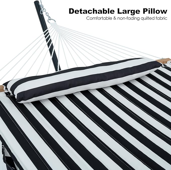 GAFETE 2 Person Hammock with Stand for Outside Heavy Duty Steel Stand Double 55inch Hammocks Large Removable Pillow Storage Bags Max 475 lbs Capacity (Stripe Black-White)